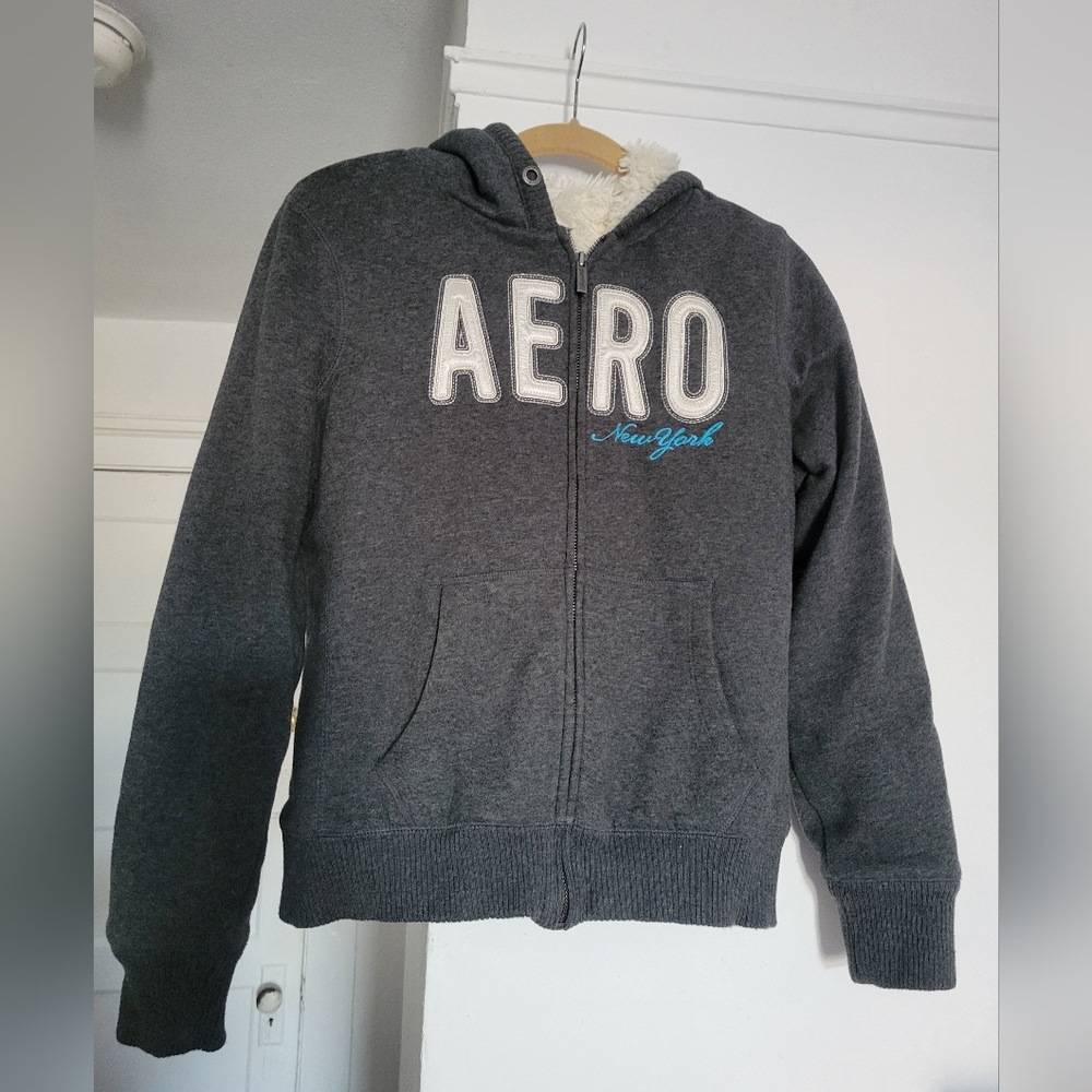 AEROPOSTALE Y2k Faux Fur Lined Hoodie Gray L